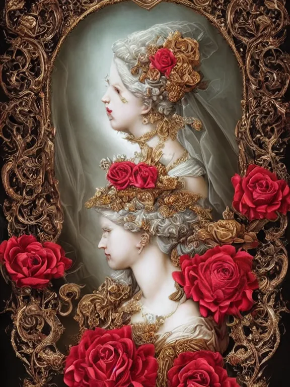 Image similar to a beautiful render of a recatholic rococo roses veiled red queen with baroque symmetry intricate detailed ,heart,pray,love,crystal-embellished,by Daveed Benito,LEdmund Leighton,Virginie Ropars,aaron horkey,Billelis,trending on pinterest,maximalist,glittering,golden ratio,cinematic lighting