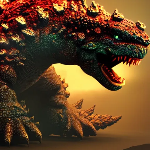 Image similar to photorealistic cute godzilla. hyperdetailed photorealism, 1 0 8 megapixels, amazing depth, glowing rich colors, powerful imagery, psychedelic overtones, 3 d finalrender, 3 d shading, cinematic lighting, artstation concept art