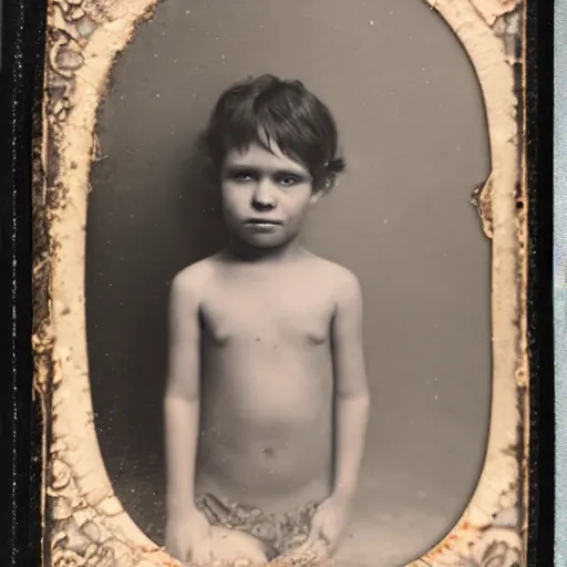 Image similar to tintype photo, swimming deep underwater, kid with huge centipedes