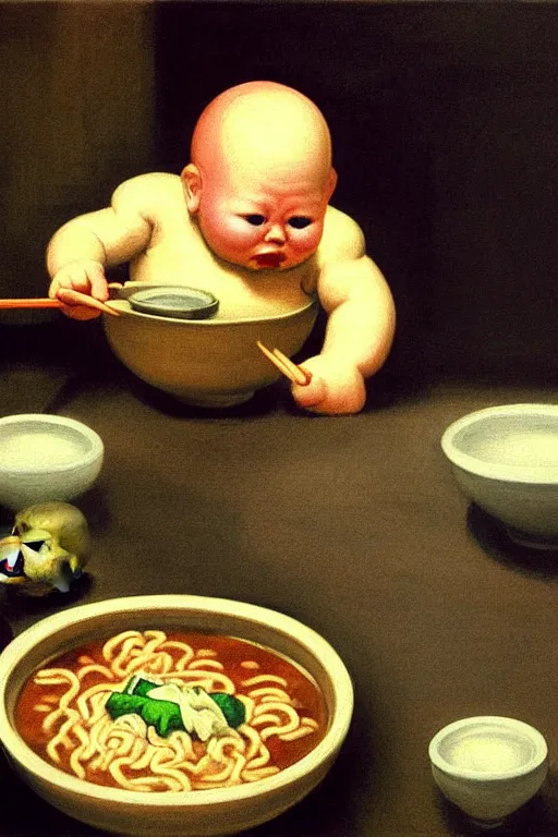 Prompt: evil and angry human giant baby eating a huge bowl of ramen in new york city, traditional chinese restaurant, hauntingly surreal, highly detailed painting by francis bacon, edward hopper, adrian ghenie, gerhard richter, and james jean soft light 4 k,