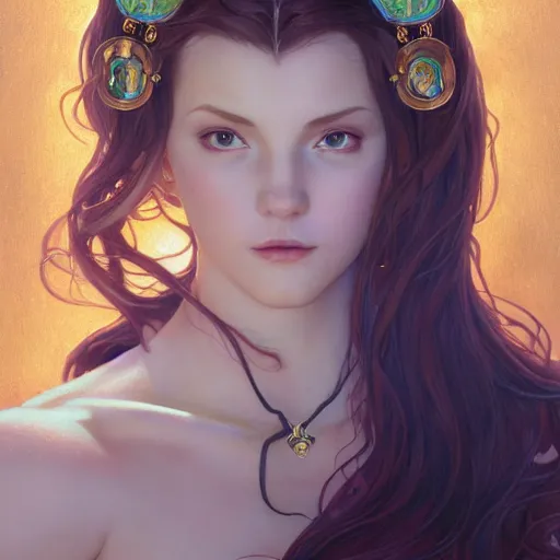 Image similar to Masterpiece head and shoulders portrait of Caitlyn from League of Legends of Arcane animated Series drawn by Donato Giancola and Makoto Shinkai, Edmund Leighton, Alphonse Mucha, background by James Jean and Gustav Klimt, 4k, porcelain skin, volumetric lighting, komorebi, french nouveau, trending on artstation, octane render, hyperrealistic