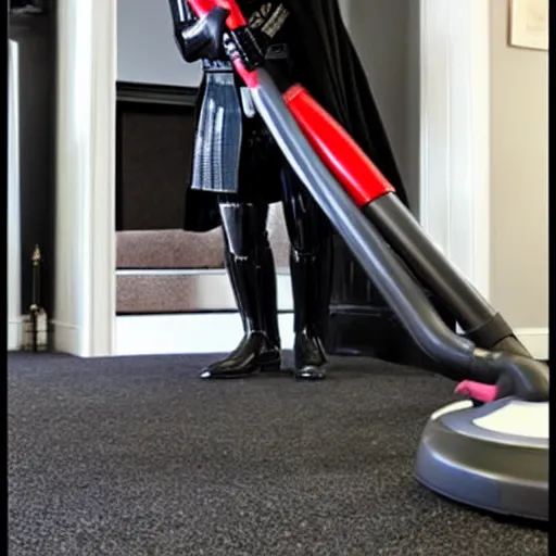 Image similar to a photo of darth vader vacuuming the carpet