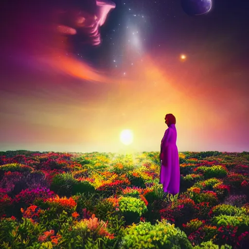 Image similar to A picture of a planet of various colors and plants, in which a human figure dressed in something magical and impressive, inside a picture of infinity, sunset light, Atmospheric Phenomenon art photography