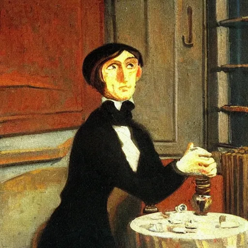 Prompt: android poete maudite, starving robot artist in a parisian garret, baudelaire, nineteenth - century domestic realism, oil on canvas