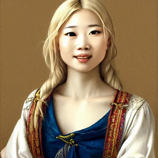 Image similar to a totally amazed smiling pretty asian girl with blonde hair, fully covering intricate detailed bohemian outfit, long loose blonde hair, precise linework, accurate brown eyes, small nose, beautiful smooth oval head, expressive emotions, hyper realistic ultrafine portrait by artemisia gentileschi, jessica rossier, greg rutkowski, artgerm