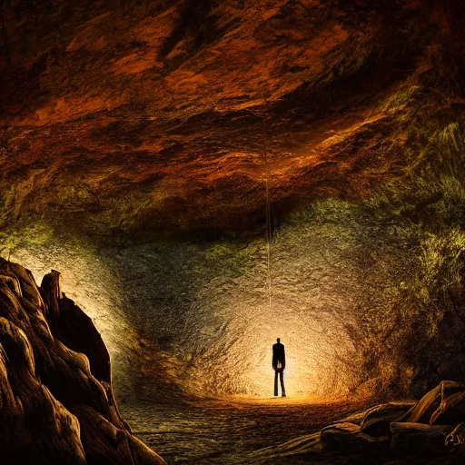 Prompt: a man standing in the cave going towards dreamy forest of moon, glowing , digital, highly detailed ,HD ,rule of third