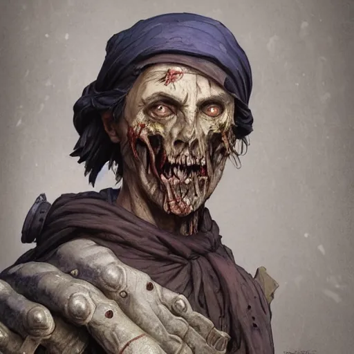 Image similar to medieval zombie peasant, D&D character, highly detailed, digital fantasy character, painted portrait, artstation, concept art, hard focus, illustration, art by artgerm and greg rutkowski and Alphonse Mucha and Craig Mullins, James Jean, Andrey Ryabovichev, Mark Simonetti and Peter Morbacher, 16k,