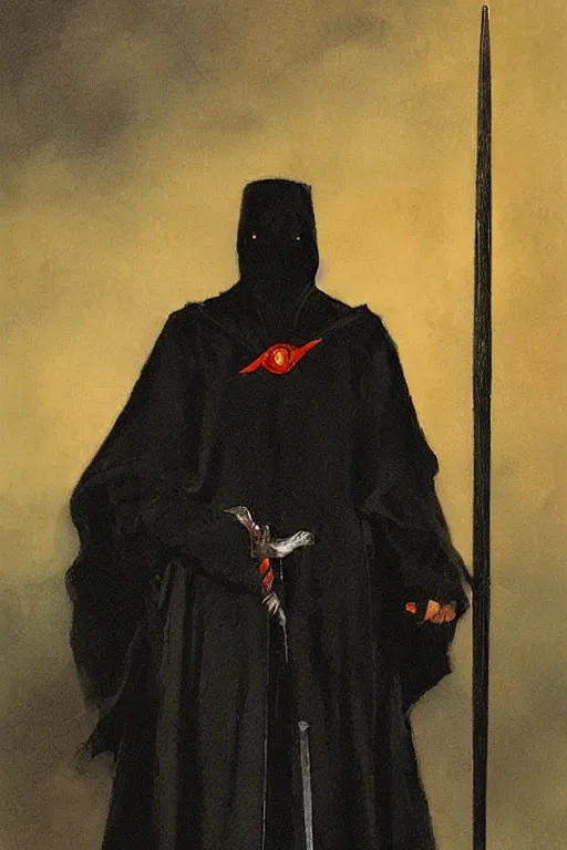 Prompt: a shady figure wearing a black robe and holding a sword vertically in front of its face, painting by brom