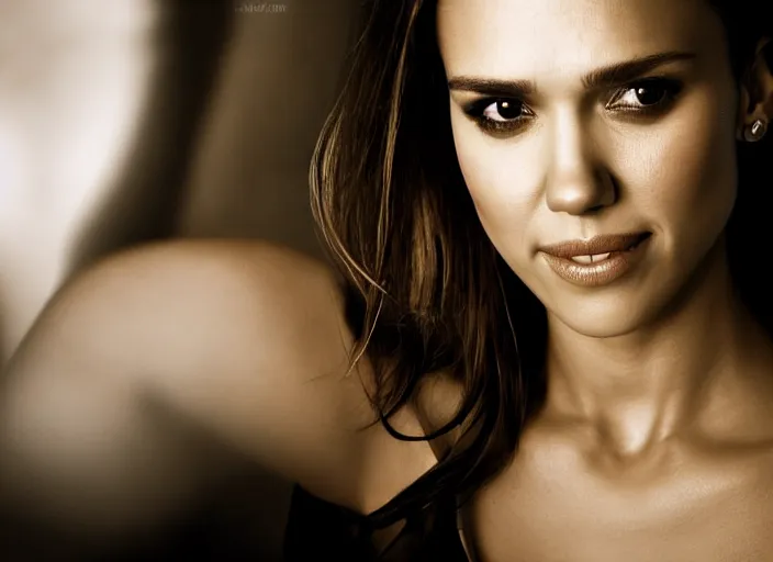 Prompt: a closeup, 4 5 mm, detailed photograph of a woman looking at camera with a seductive smile, half jessica alba half nathalie portman half scarlett johansson, beautiful low light, 4 5 mm, by franz lanting