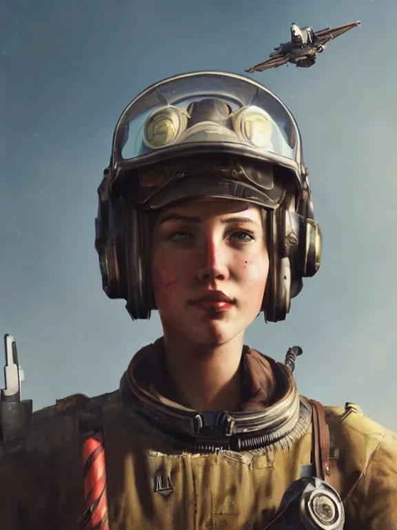 Image similar to portrait of a young pilot from fallout 4 wearing pilot gear, short brown hair, art by ryo shiotani and greg rutkowski, intricate, beautiful, cute, cinematic lighting