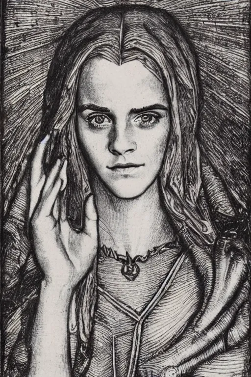 Image similar to realistic medieval etching of emma watson, high detail, elaborate composition, quality draughtmanship, detailed faces. by austin osman spare, occult art, alchemical diagram