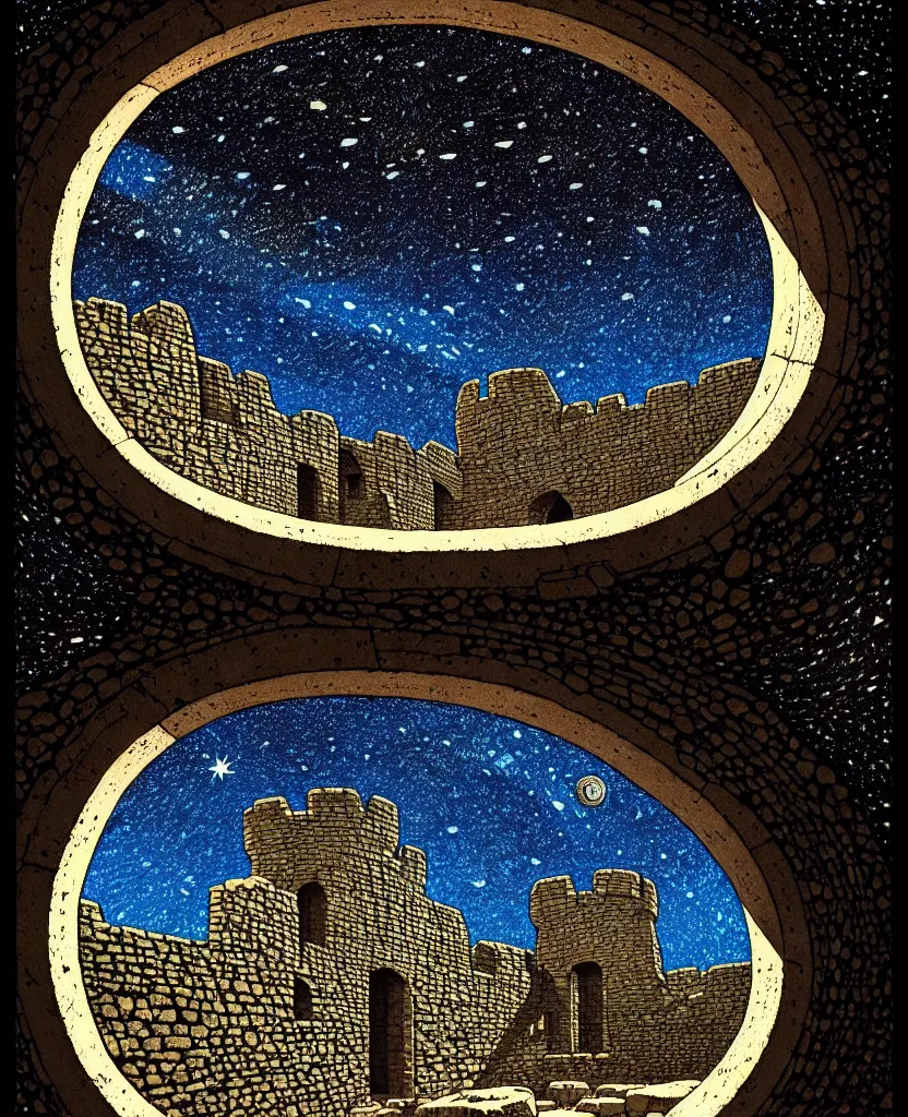 Prompt: stone wall inside of a ancient castle, round window looking out to the starry night sky, high details, intricately detailed, by vincent di fate, inking, 3 color screen print, masterpiece, trending on artstation,, sharp, details, hyper - detailed, hd, 4 k, 8 k