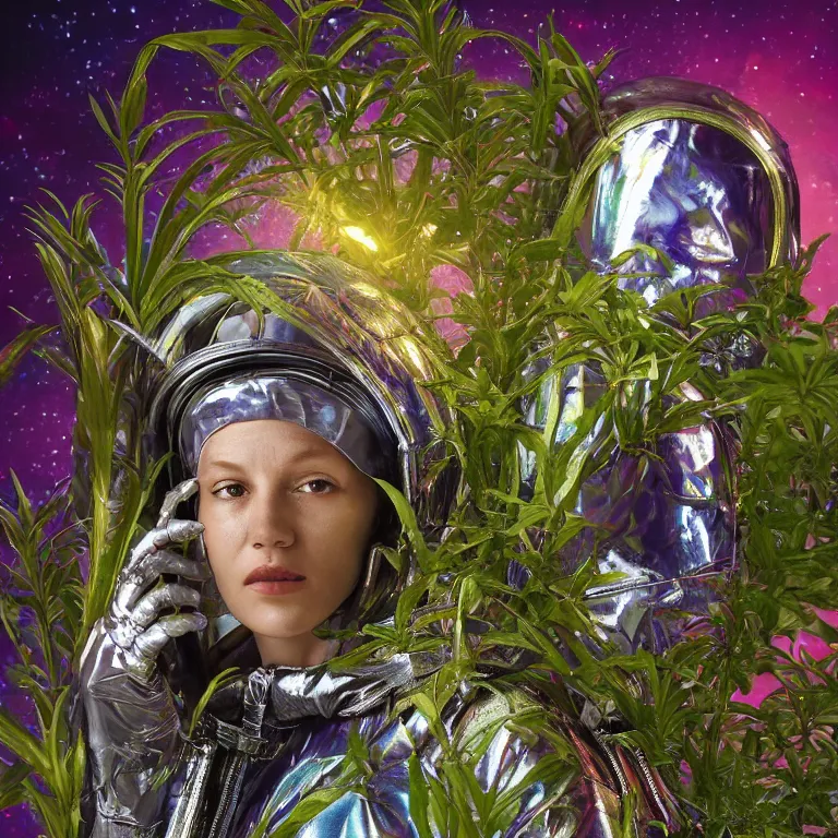 Image similar to octane render portrait by wayne barlow and carlo crivelli and glenn fabry, subject is a woman covered in tie - dye exoticic flamboyant aluminum foil space suit with a iridescent metallic space helmet, surrounded by alien plants, cinema 4 d, ray traced lighting, very short depth of field, bokeh