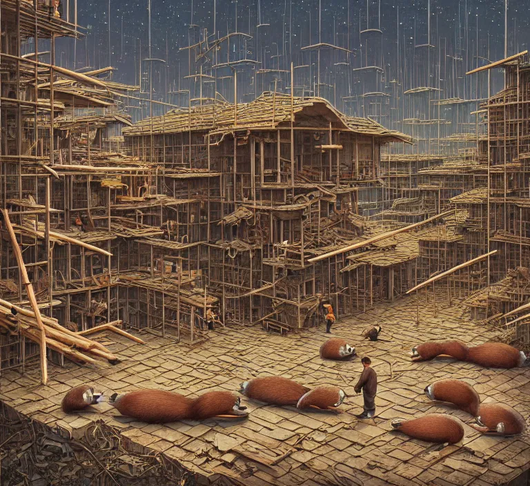 Image similar to photography hyperrealism concept art of highly detailed anthropomorphic beavers builders that building futuristic city with sticks by hasui kawase and scott listfield sci - fi style hyperrealism