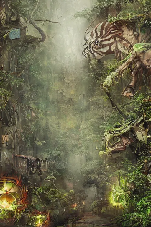 Prompt: acid rain effect, disassemble the computer, animals creepy everywhere, jungle, renaissance, hyper realistic style, fantasy by Olga Fedorova