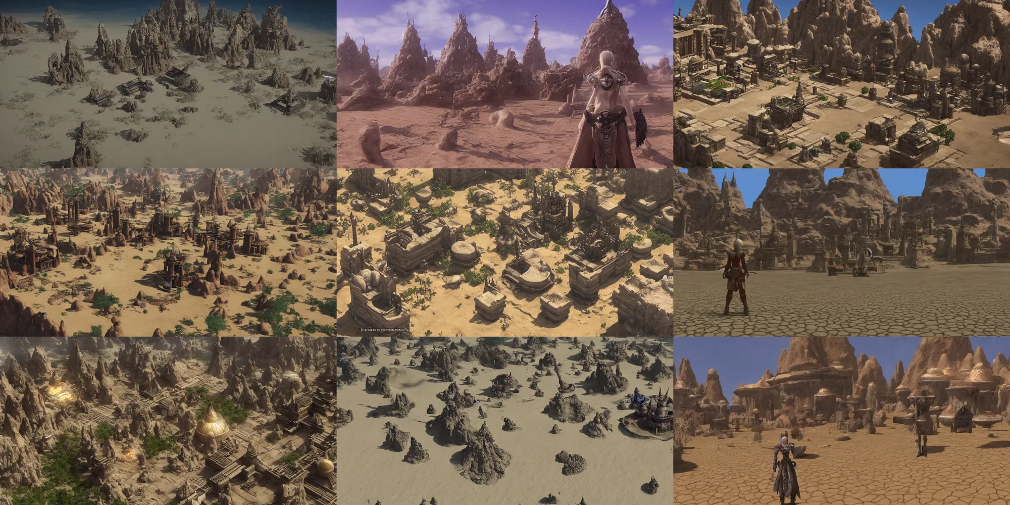 Prompt: an isolated sacred spiritual fantasy alien village in a vast sand desert, final fantasy, square enix, squaresoft, jrpg, unreal engine