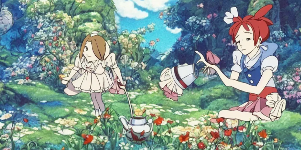 Image similar to alice in wonderland anime made by hayao miyazaki, dreamy, bright, colorful