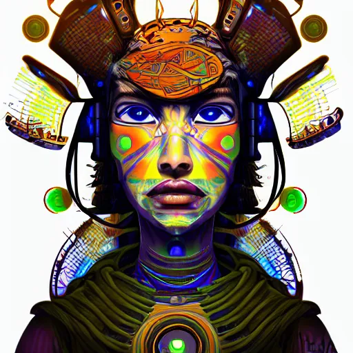 Prompt: portrait of a future metaverse tech shaman warrior, 2D cartoon, visionary art, symmetric, Magick symbols, holy halo, shipibo patterns, sci-fi, concept art, trending on art station, 8k digital art