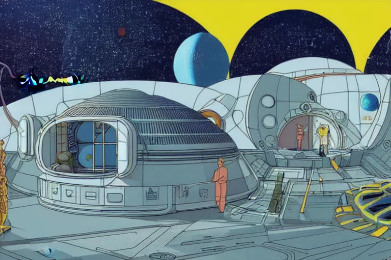 Image similar to a scifi illustration, hyper detailed external view of a lunar colony. cinematic wes anderson composition. flat colors, limited palette in FANTASTIC PLANET La planète sauvage animation by René Laloux