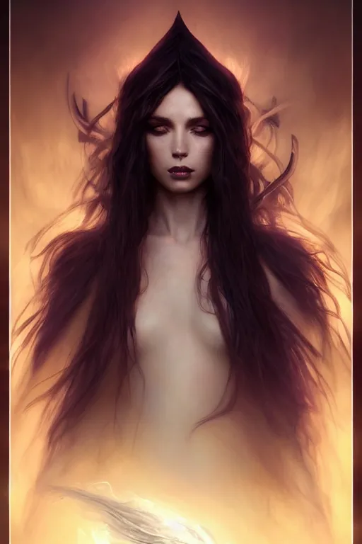 Image similar to seductive looking sorceress prays!!! magic the gathering, windy hair!, surreal dark fantasy, cinematic volumetric lights, portrait, dnd, intricate, elegant, highly detailed, digital painting, artstation, concept art, smooth, sharp focus, illustration, art by artgerm and tom bagshaw and greg rutkowski and alphonse mucha