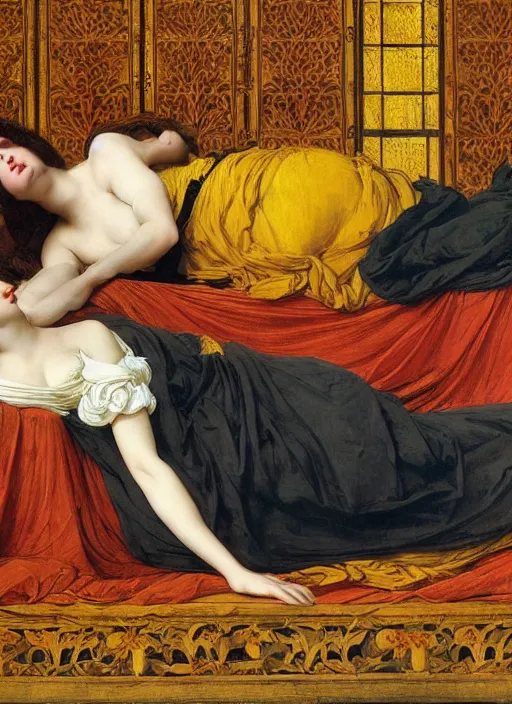 Prompt: masterpiece hybrid portrait of hybrid of sarah siddons and lisa minelli, reclining on bed, flowing cloth floating in the wind, wearing yellow ochre ornate medieval dress, vertical, foreshortening, colour photography by frederic leighton, william morris, 8 k