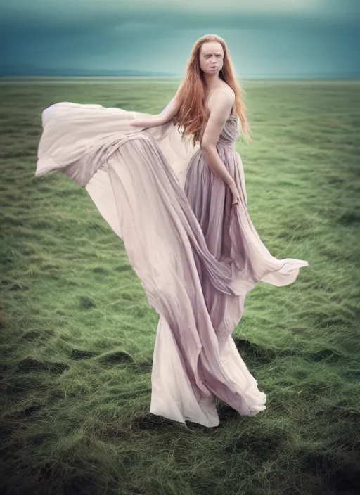 Image similar to cinestill 5 0 d portrait photo of a beautiful woman, nordic type, delicate, subsurface scattering, long hair floating in air in style of annie liebovitz, 1 5 0 mm, windy mood, dress in voile, mute dramatic colours, soft blur outdoor stormy background, volumetric lighting, hyper detailed, hyper realistic