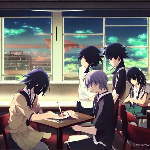 Prompt: makoto shinkai anime art, crowded cafe, typing on laptop, touhou project