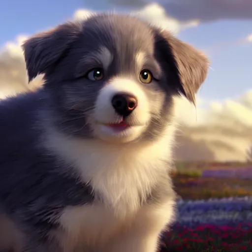 Prompt: a wholesome animation key shot of a gray australian shepherd puppy, studio ghibli, pixar and disney animation, sharp, rendered in unreal engine 5, anime key art by greg rutkowski, bloom, dramatic lighting