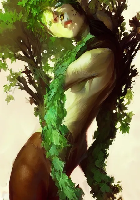 Image similar to greg manchess a realistic anime portrait of a beautiful dryad with glowing green eyes and tree bark skin wearing clothes made of leaves, anime, digital painting, by stanley artgerm lau, sakimichan, wlop and rossdraws, digtial painting, trending on artstation