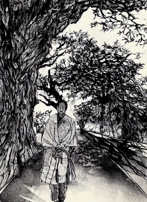 Image similar to a samurai resting beneath a giant tree, by takehiko inoue, masterpiece ink illustration, realistic face and anatomy