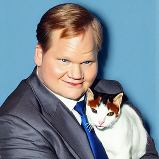 Image similar to Andy Richter wearing a blue dress shirt, necktie, navy dress pants sitting in a chair petting a calico cat