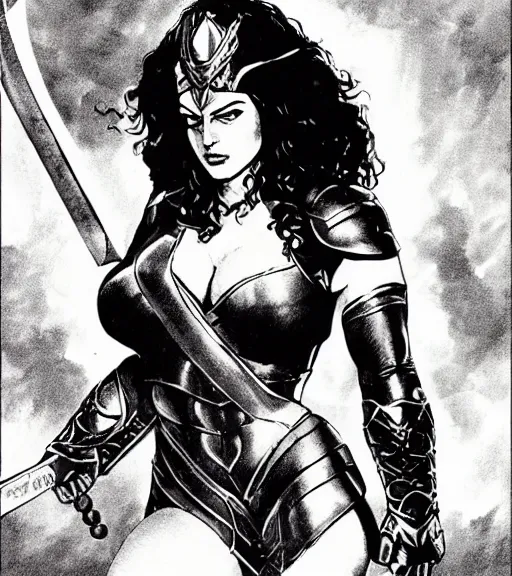 Image similar to 1 9 8 0 s fantasy novel book cover, bbw plus size amazonian gal gadot in extremely tight bikini armor wielding a cartoonishly large sword, exaggerated body features, dark and smoky background, low quality print