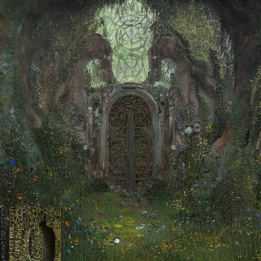 Image similar to ancient overgrown! ruins, medieval gates, runestones, mysetrious etherial mesmerizing runic!! cat eyes, magical elven geometry, concept art by gustav klimt!, deviantart contest winner, environmental art, high detail