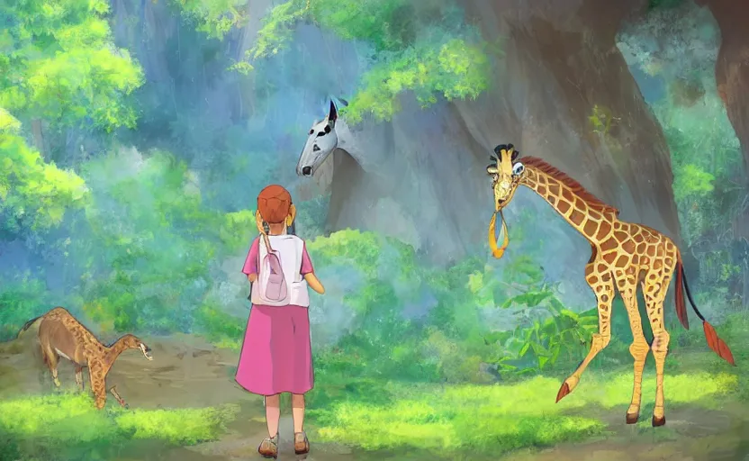 Prompt: a girl spending her day at the zoo, feeding a giraffe, a Studio Ghibli style scene, digital art, 4k