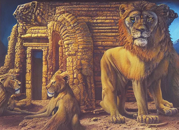 Prompt: “A surreal oil painting of an ancient temple guarded by lions, by Zdzisław Beksiński and HP Lovecraft, cosmic portals, realistic shading, complimentary colors, vivid colors, aesthetically pleasing composition, masterpiece, 4k, 8k, ultra realistic, super realistic”