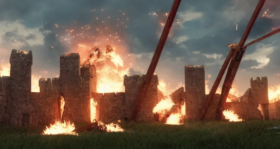 Image similar to five giant and powerful medieval trebuchets fireing on a medieval fortress, destroying the walls, fire and explosion, debris flying around, octane render, unreal engine