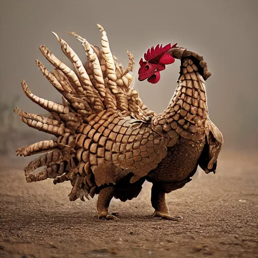 Image similar to a Rooster with the armor of a pangolin, national geographic photograph