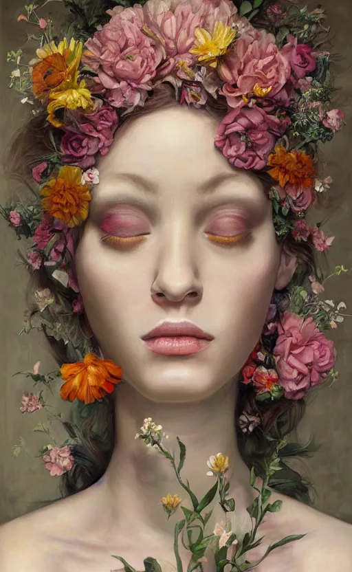 Image similar to a painting of a young woman with a head made of flowers, a surrealist painting by Marco Mazzoni, cgsociety, neo-figurative, detailed painting, rococo, oil on canvas, seapunk, lovecraftian