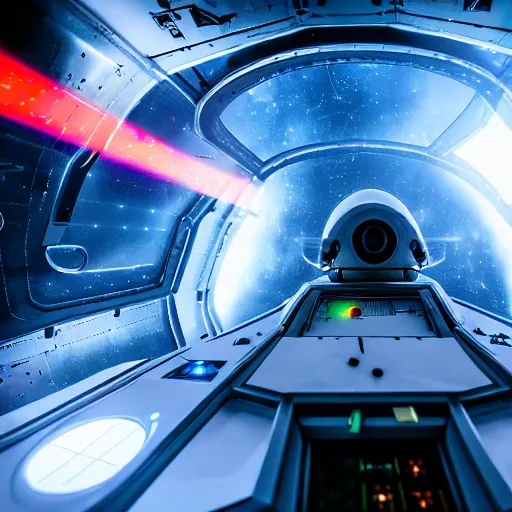 Image similar to ultra wide angle view of pilot in a futuristic sci - fi space ship in a space laser battle, stunning, dramatic, detailed, hyperrealistic photography