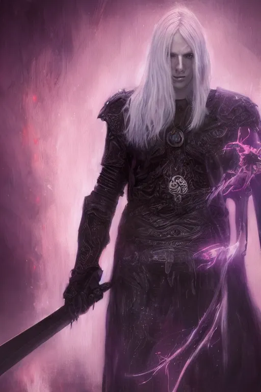 Image similar to 4k HD digital full body portrait of Elric of Melibourne, long white hair, black paper, vivid colors, Long black sword with red glowing runes, by Bastien LeCouffe-Deharme, Craig Mullins, Marc Simonetti, trending on Artstation