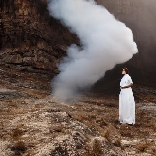 Image similar to photo, a woman in a giant flowing incredibly long dragging white dress made out of white smoke, standing inside a dark western rocky scenic landscape, volumetric lighting