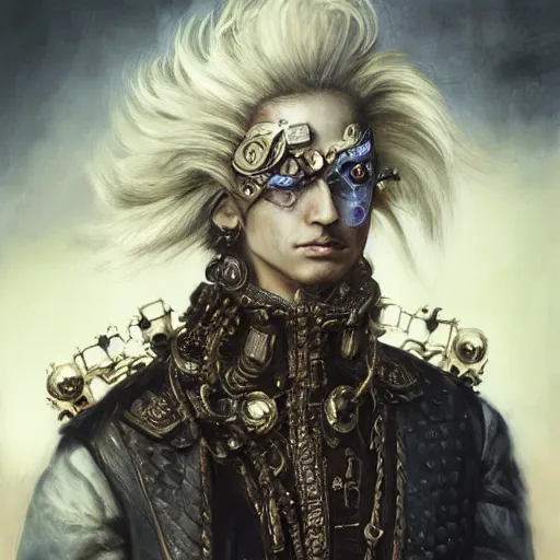 Image similar to portrait, headshot, insanely nice professional hair style, dramatic hair color, digital painting, of a old 17th century, old cyborg merchant, amber jewels, baroque, ornate clothing, scifi, realistic, hyperdetailed, chiaroscuro, concept art, art by Franz Hals and Jon Foster and Ayami Kojima and Amano and Karol Bak,