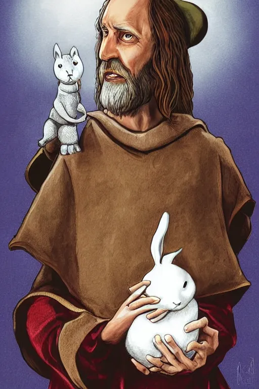 Image similar to tim the enchanter from monty python and the holy grail holding a white rabbit, digital painting, highly detailed