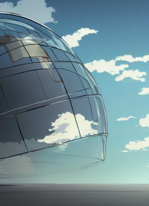 Image similar to an asymmetrical cell - shaded studio ghibli concept art study of a huge silver cube ufo inside a transparent bubble in the sky. wide shot, very dull colors, hd, 4 k, hq