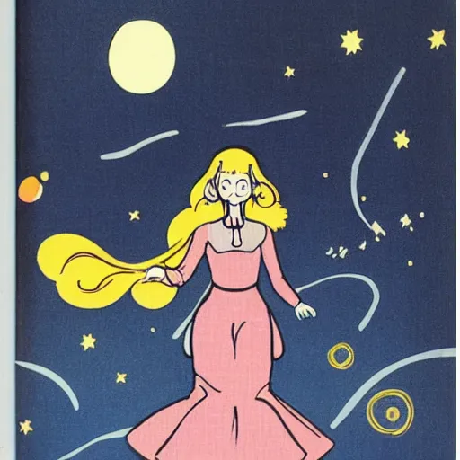 Image similar to ikea manual by osamu tezuka. a beautiful illustration of a woman with long flowing hair, wild animals, & a dark, starry night sky.