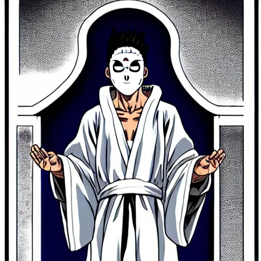 Prompt: A man wearing white robes with a seriousGreek theater mask, white robes, serious mask, theater mask, greek mask, ancient greece, neutral, muscular figure, manga art, manga, Junji Ito, Junji Ito artwork, Ito Junji art, 4k