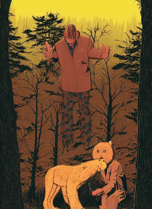 Prompt: Twin Peaks poster art, of Michael Shannon discovering a man dressed as a Furry in the woods, mysterious creepy, poster artwork by James Edmiston, Michael Whelan, Bob Larkin and Tomer Hanuka, Kilian Eng, Ed Emshwiller, Glenn Fabry, Joe Jusko, Martine Johanna, Chris Moore, from scene from Twin Peaks, simple illustration, domestic, nostalgic, from scene from Twin Peaks, clean, full of details, by Makoto Shinkai and thomas kinkade, Matte painting, trending on artstation and unreal engine, New Yorker magazine cover
