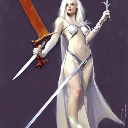 Image similar to greg manchess painting of queen of zokra, silver white hair, long gown, sorceress sword, soft lighting, trending on artstation, by huang guangjian and gil elvgren and sachin teng