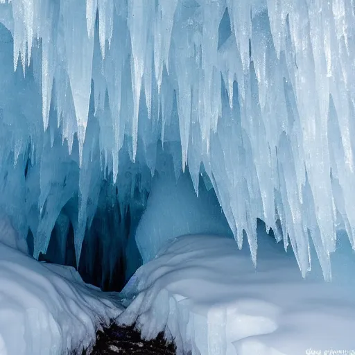 Image similar to an ice cave in iceland, glacial ice, yakutsk frozen ice cave, stalagmites, icicles, deep cave