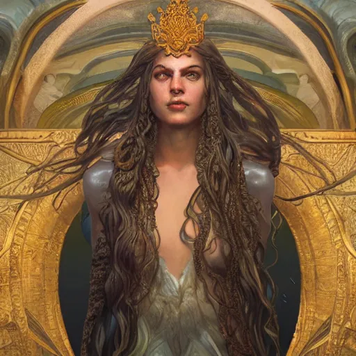 Prompt: Ulmo, king of the sea, in front of the palace Ulmonon at the bottom of Vaiya, portrait, highly detailed, digital painting, artstation, concept art, sharp focus, illustration, art by artgerm and greg rutkowski and alphonse mucha